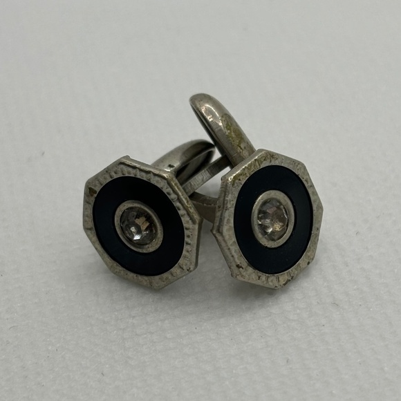Edwardian, Octagonal, Silver Plate with Rhinestone Men's Cuff Links, Circa 1900S - Picture 1 of 4